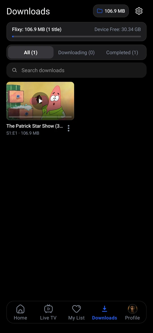 Downloads screen showing a finished episode and how much storage is in use