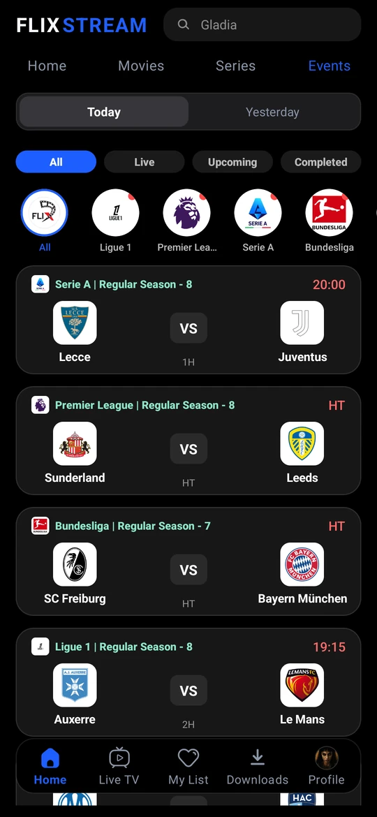 Today's football matches grouped by league, with kick-off times and live status