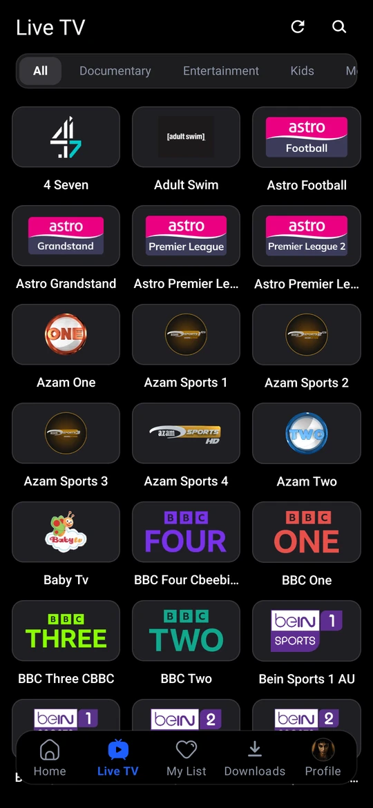 Live TV channel grid with broadcaster logos and category filters
