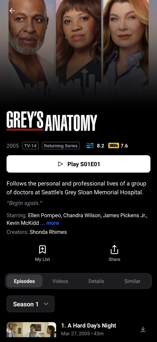 Series page with a season picker and the episode list